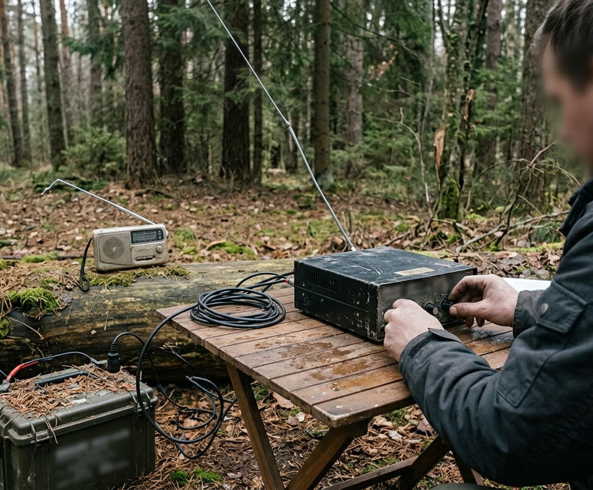 A scuffed low-power FM transmitter sits on a damp, dirt-smudged folding table in an empty