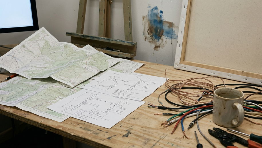 Documentation or planning materials on desk under flat fluorescent lighting