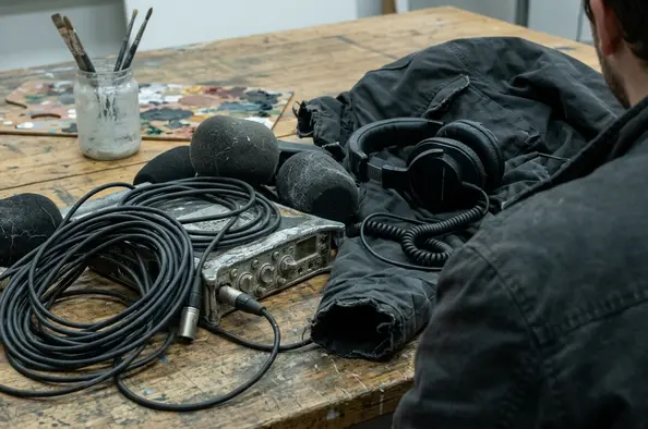 Equipment or tools specific to the field: tangled XLR cables and a battered field recorder