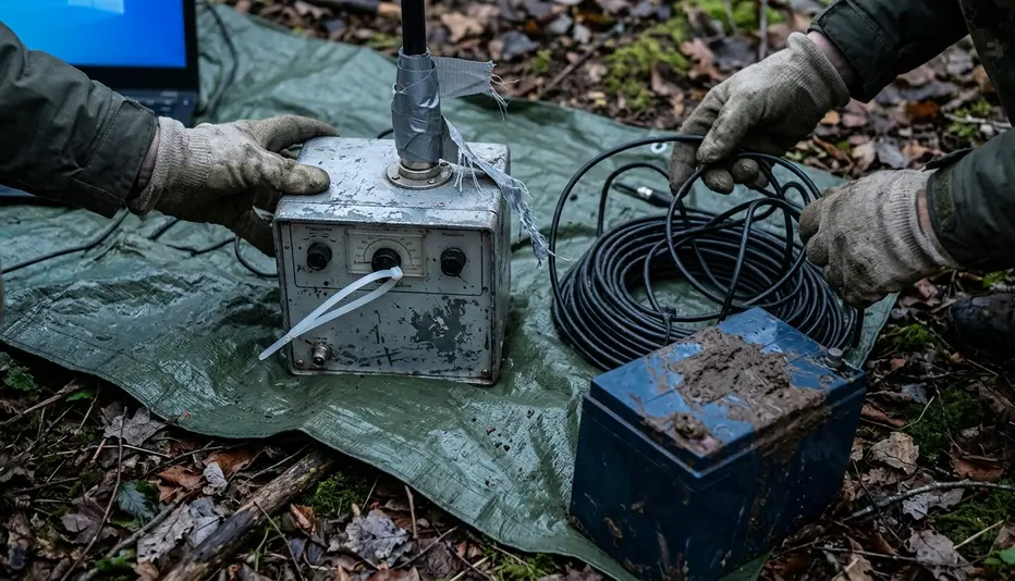 Equipment or tools specific to the field: a scratched FM transmitter and a tangled spool